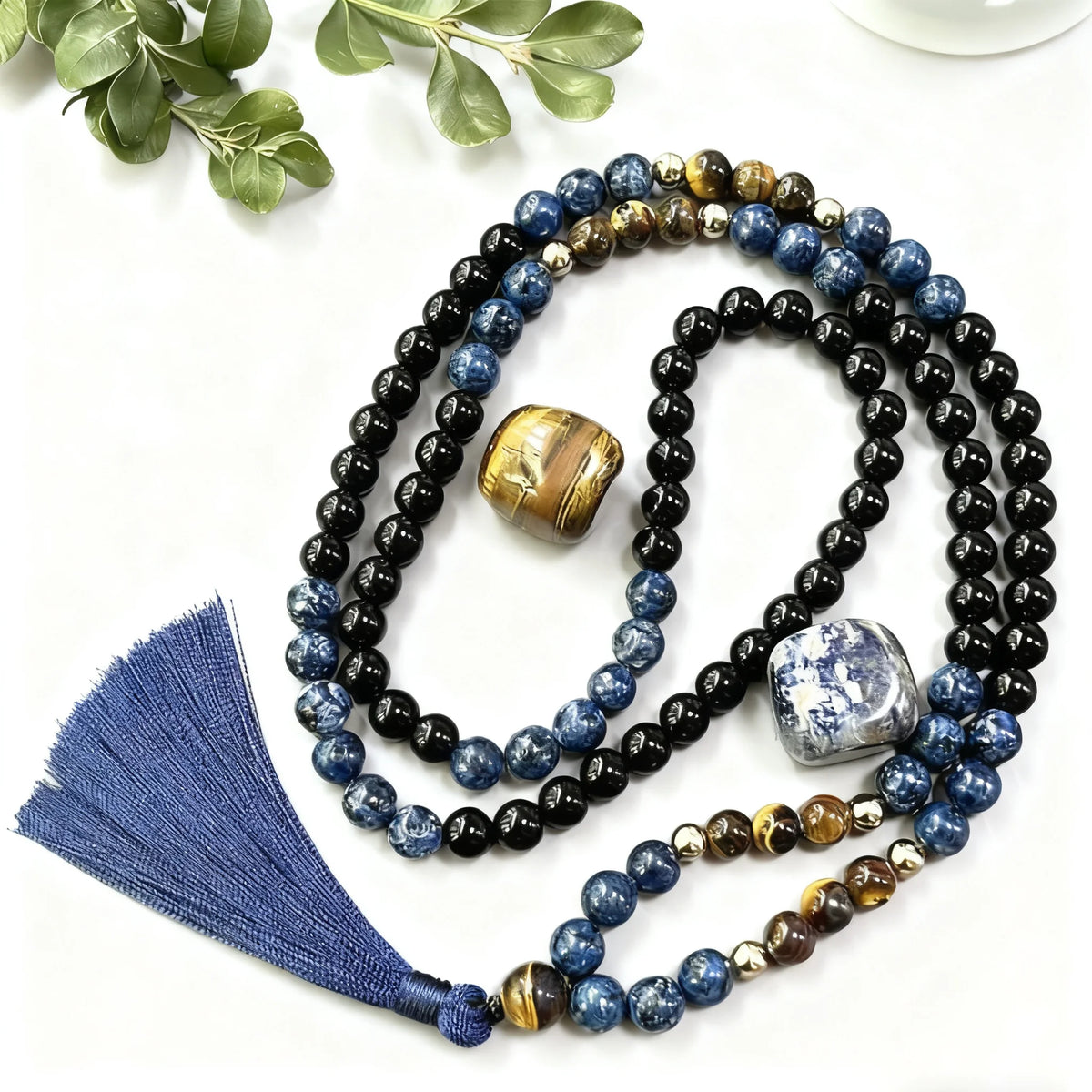 Collier Mala 108 Perles Œil de Tigre & Onyx Noir – 8 mm Unisexe