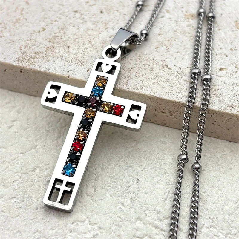 Collier catholique doré avec pendentif croix en cristal – Acier inoxydable, femme et homme