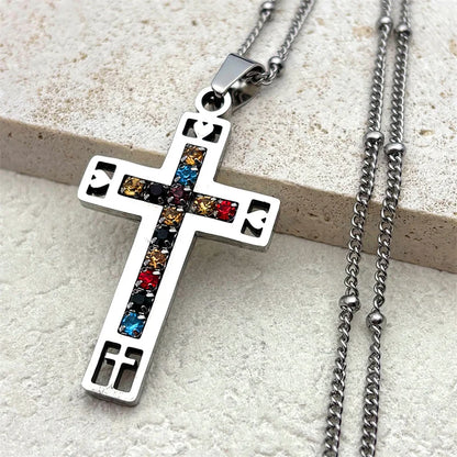 Collier catholique doré avec pendentif croix en cristal – Acier inoxydable, femme et homme