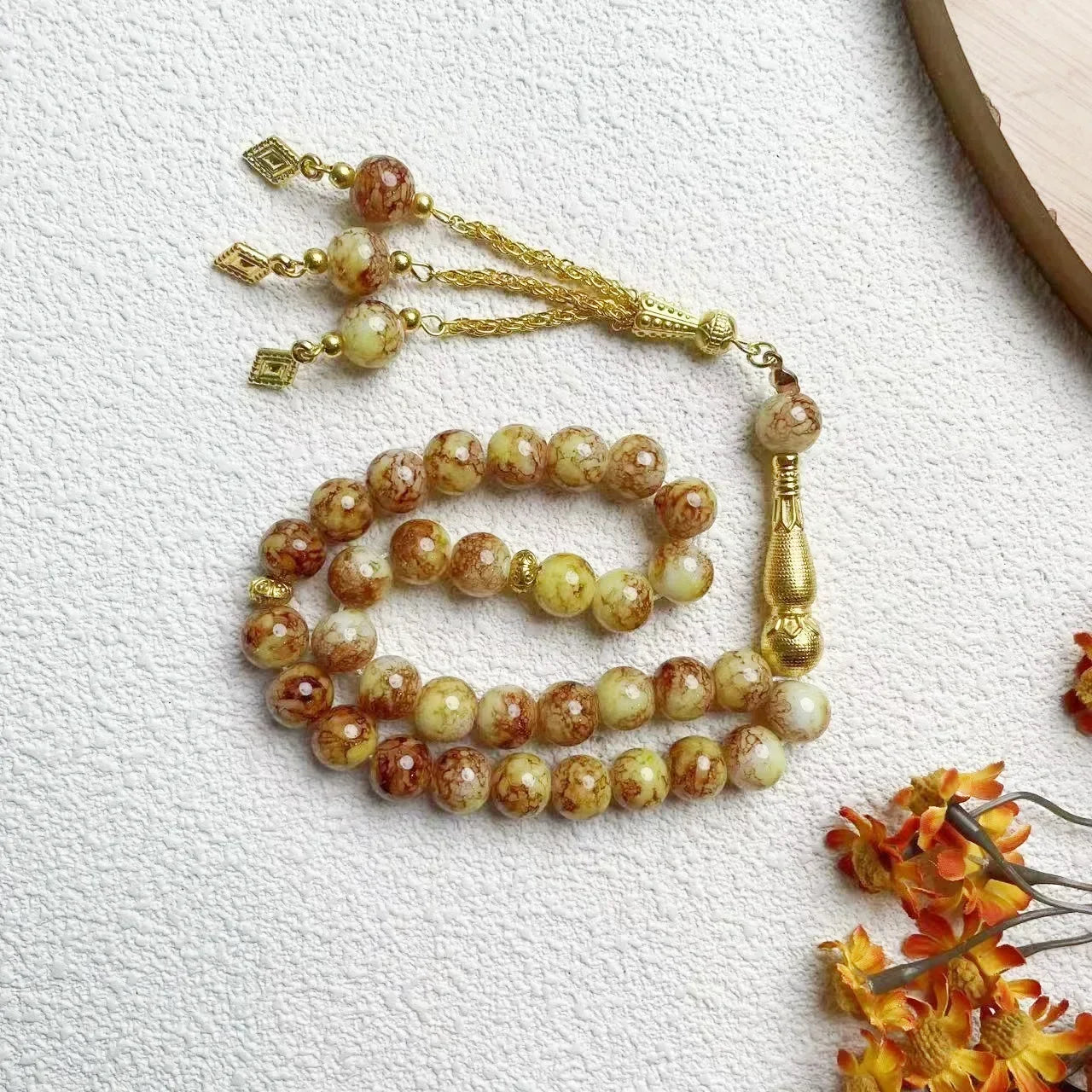 33-Bead Turkish Glass Tasbih with Tassel – Muslim Prayer Beads Bracelet