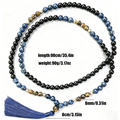 Collier Mala 108 Perles Œil de Tigre & Onyx Noir – 8 mm Unisexe