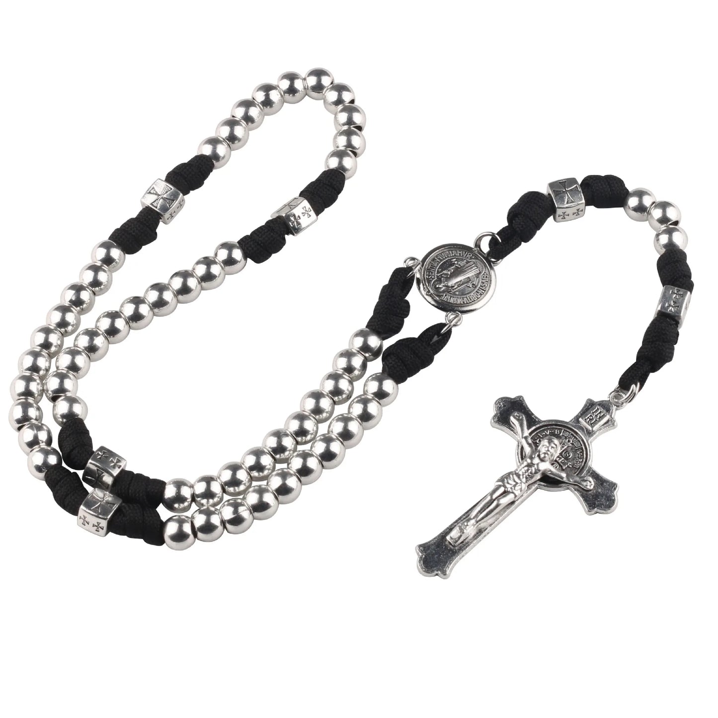 Collier croix Saint Benoît vintage avec cordon tressé – bijou de prière pour homme