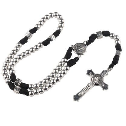Collier croix Saint Benoît vintage avec cordon tressé – bijou de prière pour homme