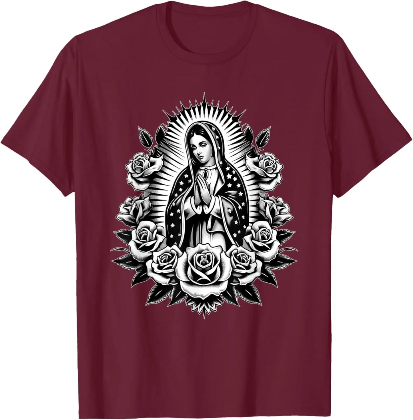 T-shirt Vierge de Guadalupe et roses – imprimé catholique floral pour homme