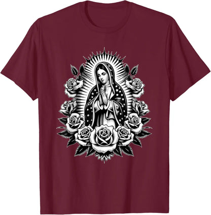 T-shirt Vierge de Guadalupe et roses – imprimé catholique floral pour homme