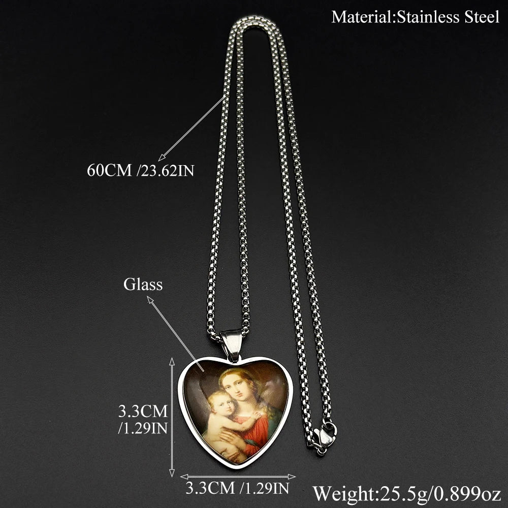 Kette Jungfrau Maria & Jesuskind – Herzmedaille, 60 cm Edelstahlkette
