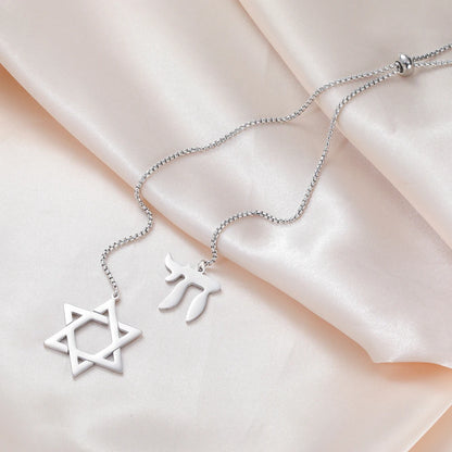 Long Star of David and Chai Pendant Necklace – Stainless Steel Jewish Jewelry