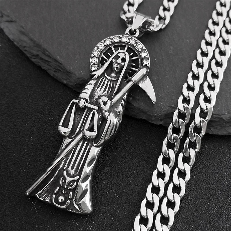 Collier Santa Muerte homme en acier inoxydable – pendentif faucheuse argenté