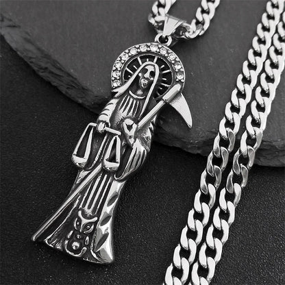 Collier Santa Muerte homme en acier inoxydable – pendentif faucheuse argenté