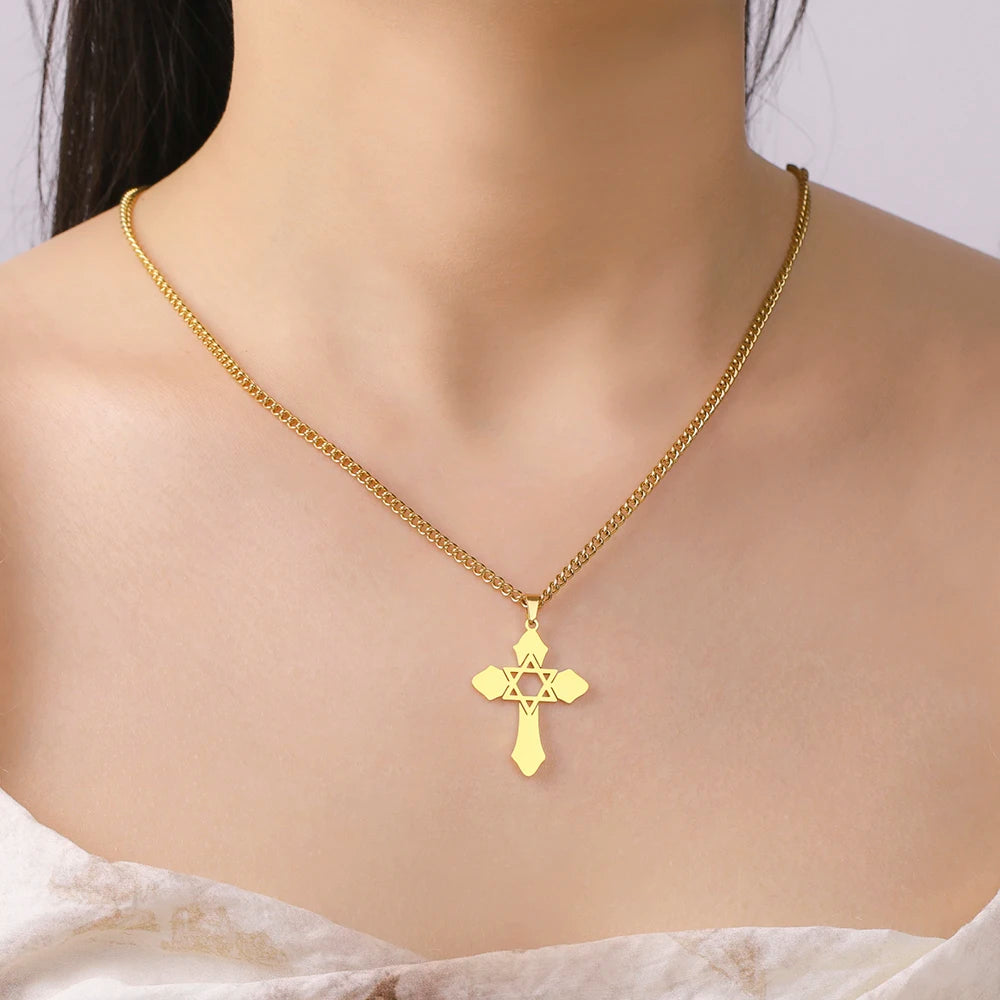 Collier Croix & Étoile de David Messianique en Acier Inoxydable