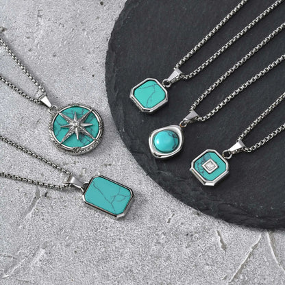 Collier Pendentif Pierre Turquoise & Boussole – Acier Inoxydable Homme