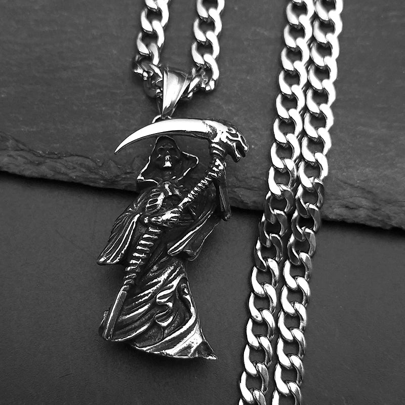 Collier Santa Muerte homme en acier inoxydable – pendentif faucheuse argenté