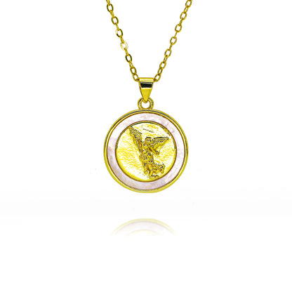 Pendentif Archange Saint Michel Doré – Médaille Religieuse Catholique avec Bord Coquillage et Zircons