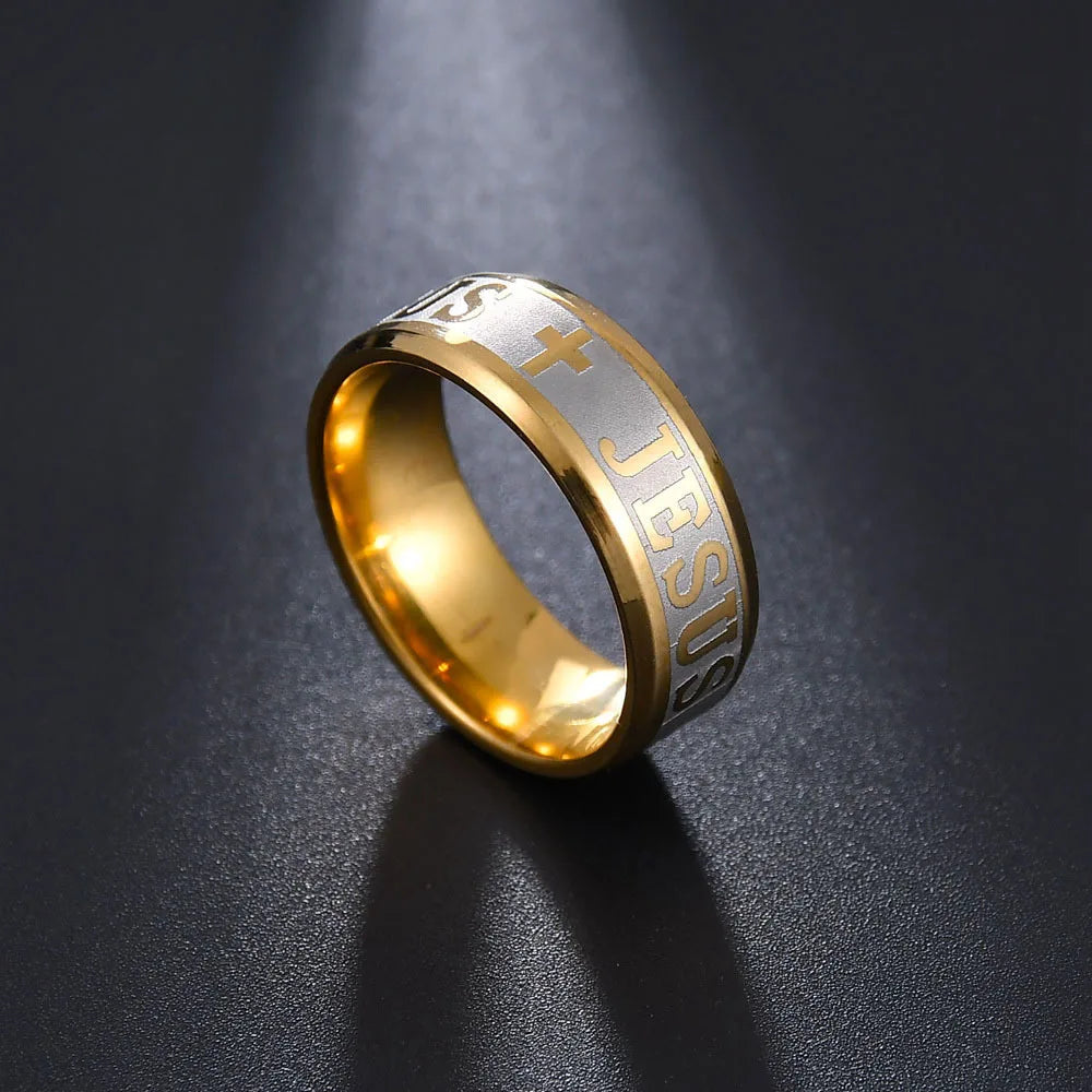 Bague Unisexe en Acier Inoxydable – Croix de Jésus & Lettres Bibliques Gravées