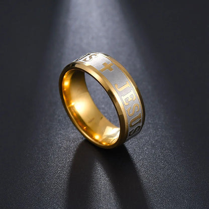 Bague Unisexe en Acier Inoxydable – Croix de Jésus & Lettres Bibliques Gravées