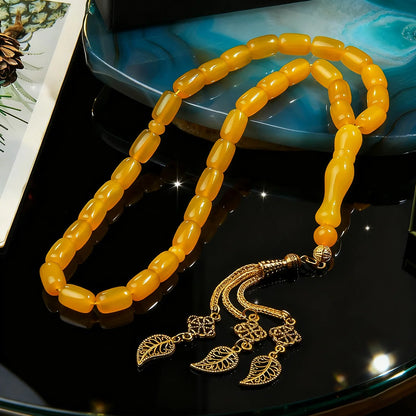 Bracelet de Prière en Agate Jaune avec Pendentif Feuille Ajourée