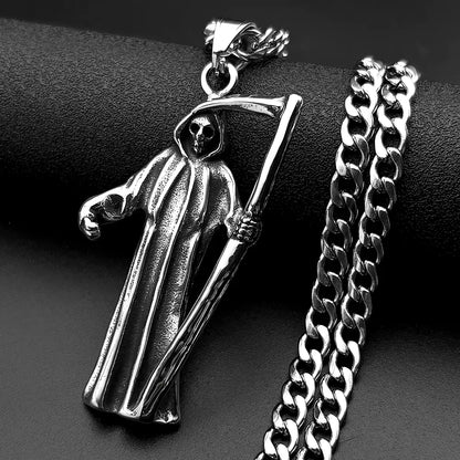Collier Santa Muerte homme en acier inoxydable – pendentif faucheuse argenté