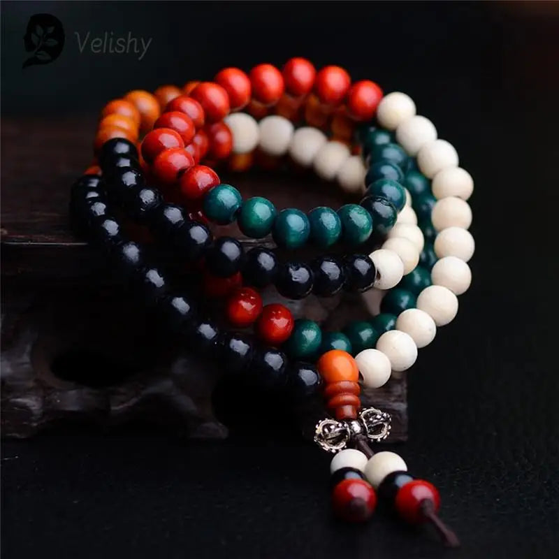 Mala 108 perles en santal naturel – bracelet de prière bouddhiste unisexe
