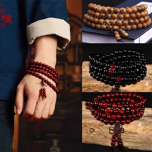 Bracelet santal naturel 108 perles – méditation et prière bouddhiste