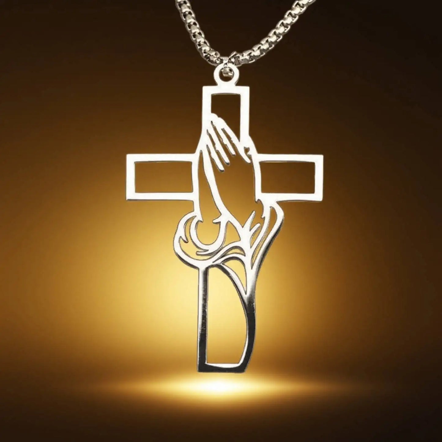 Collier croix main de prière en acier inoxydable – bijou chrétien unisexe