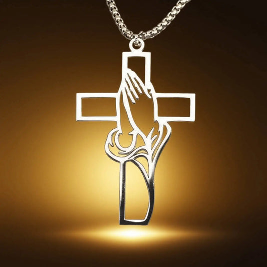 Collier croix main de prière en acier inoxydable – bijou chrétien unisexe