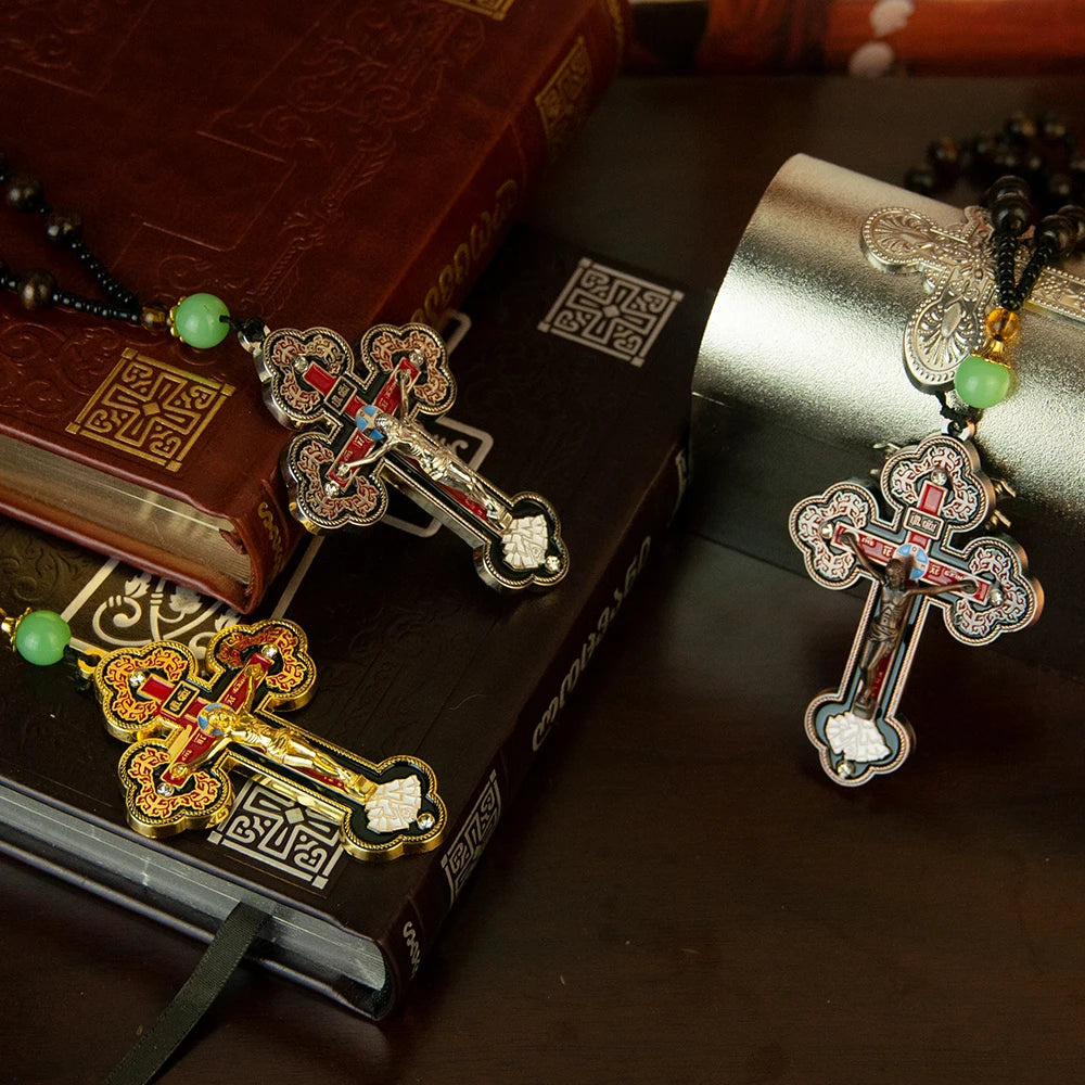 Collier crucifix orthodoxe en bois avec chapelet – bijou religieux