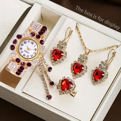 Coffret Montre Femme Strass 5 Pièces – Montre Quartz & Bijoux