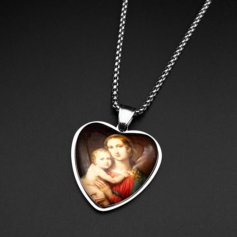 Kette Jungfrau Maria & Jesuskind – Herzmedaille, 60 cm Edelstahlkette