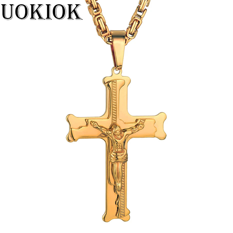 Collar largo bizantino con cruz en acero inoxidable – joya cristiana para hombre