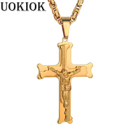 Collar largo bizantino con cruz en acero inoxidable – joya cristiana para hombre
