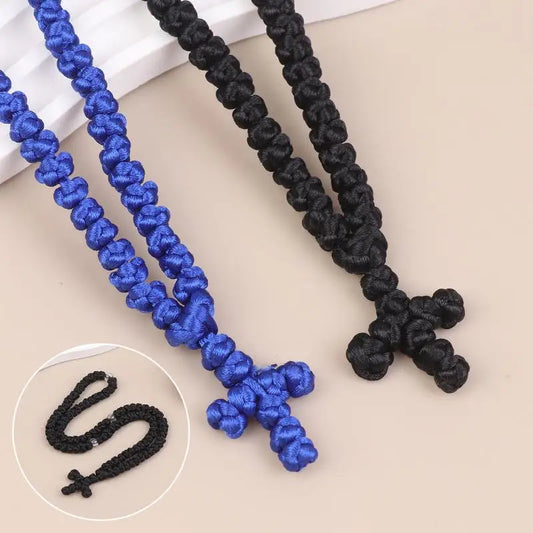 Collier Komboskini Orthodoxe Noir/Bleu – Corde de Prière Artisanale avec Croix