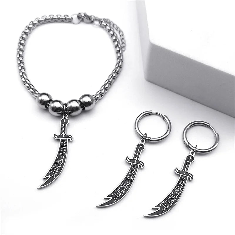 Bijoux islamiques sabre Zulfiqar en acier inoxydable – Collier, bracelet et boucles d’oreilles