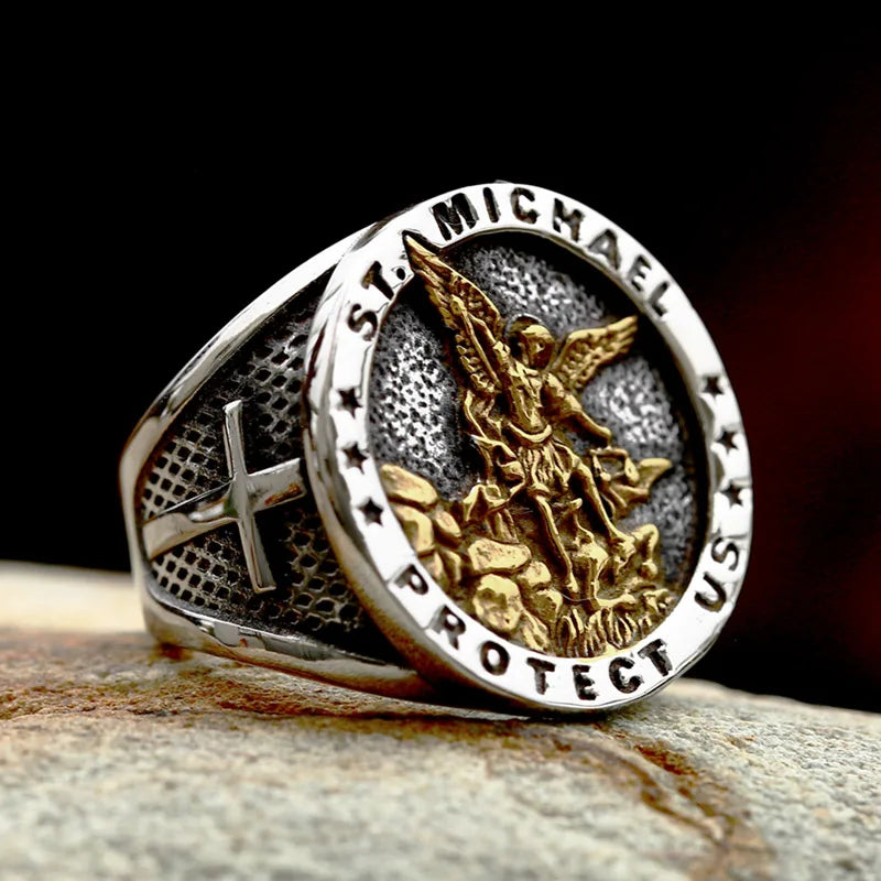 Bague Saint Christophe et Saint Michel en acier inoxydable – bijou religieux pour homme