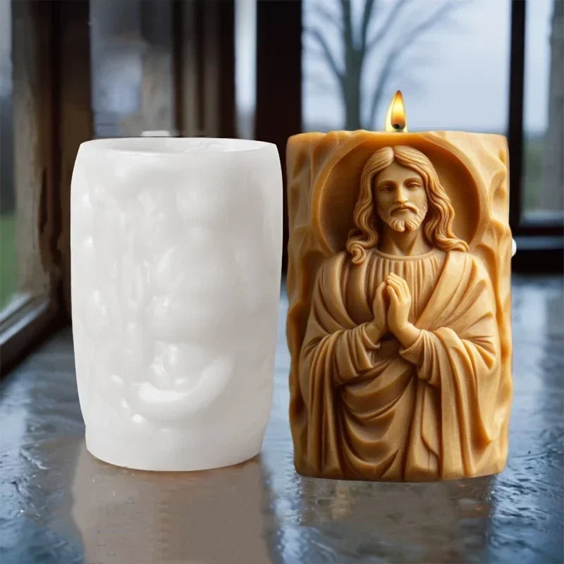 Moule Silicone Bougie Vierge Marie – Cylindre Relief Prière – Résine, Cire & Plâtre