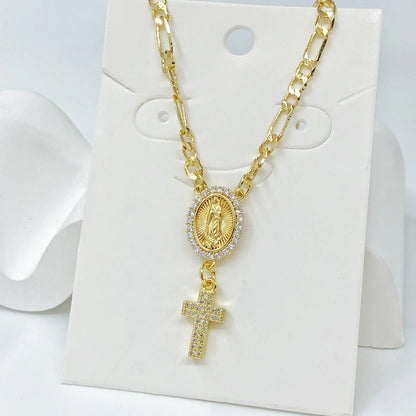 Collier Vierge Marie et croix plaqué or – bijou religieux unisexe