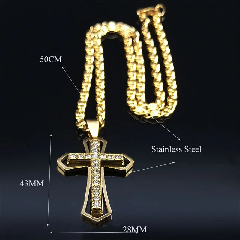 Collier catholique doré avec pendentif croix en cristal – Acier inoxydable, femme et homme