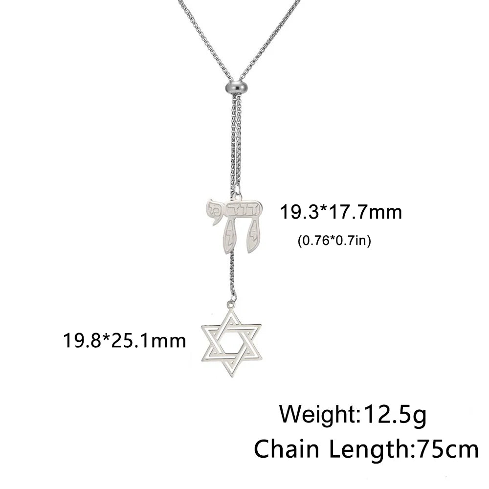 Long Star of David and Chai Pendant Necklace – Stainless Steel Jewish Jewelry