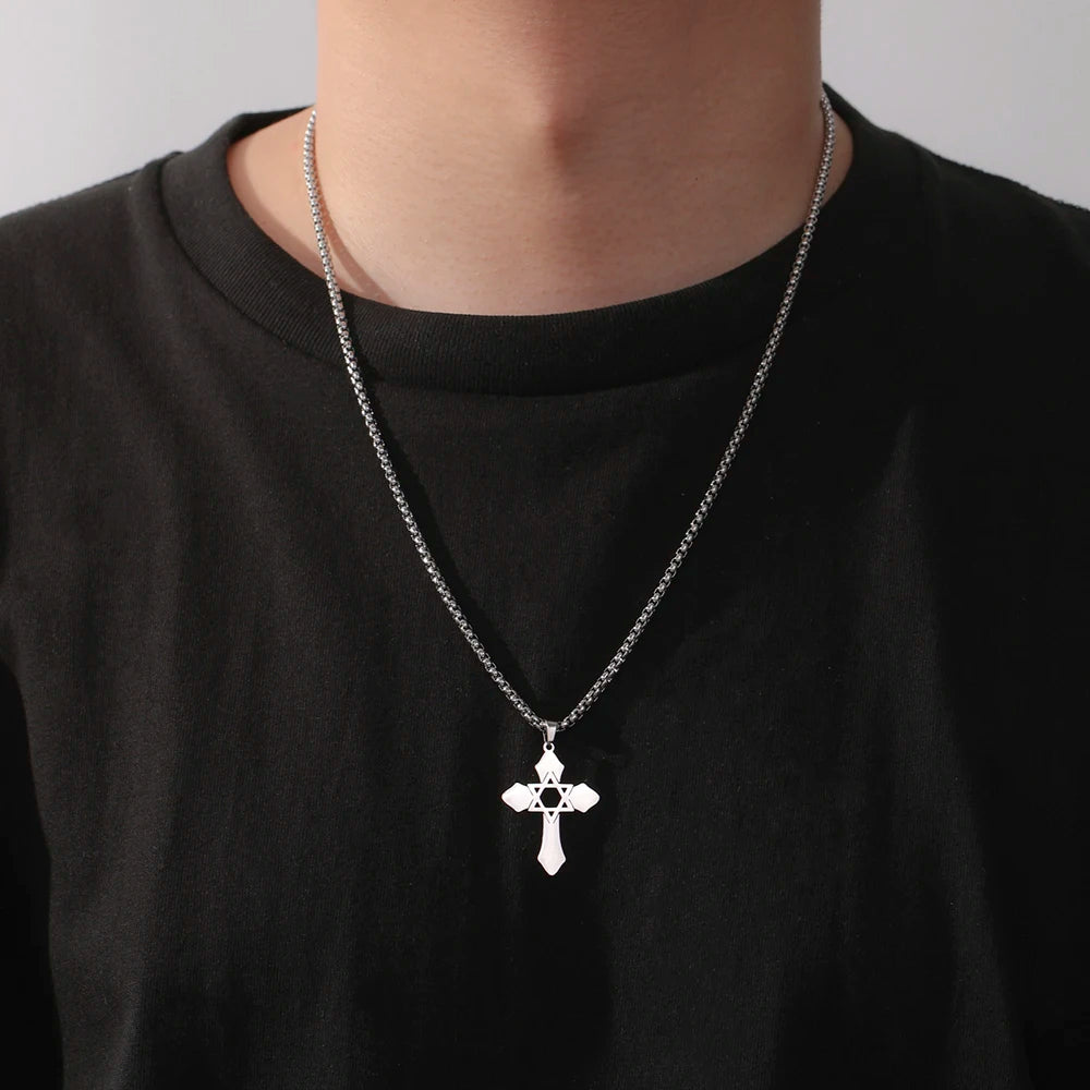 Collier Croix & Étoile de David Messianique en Acier Inoxydable