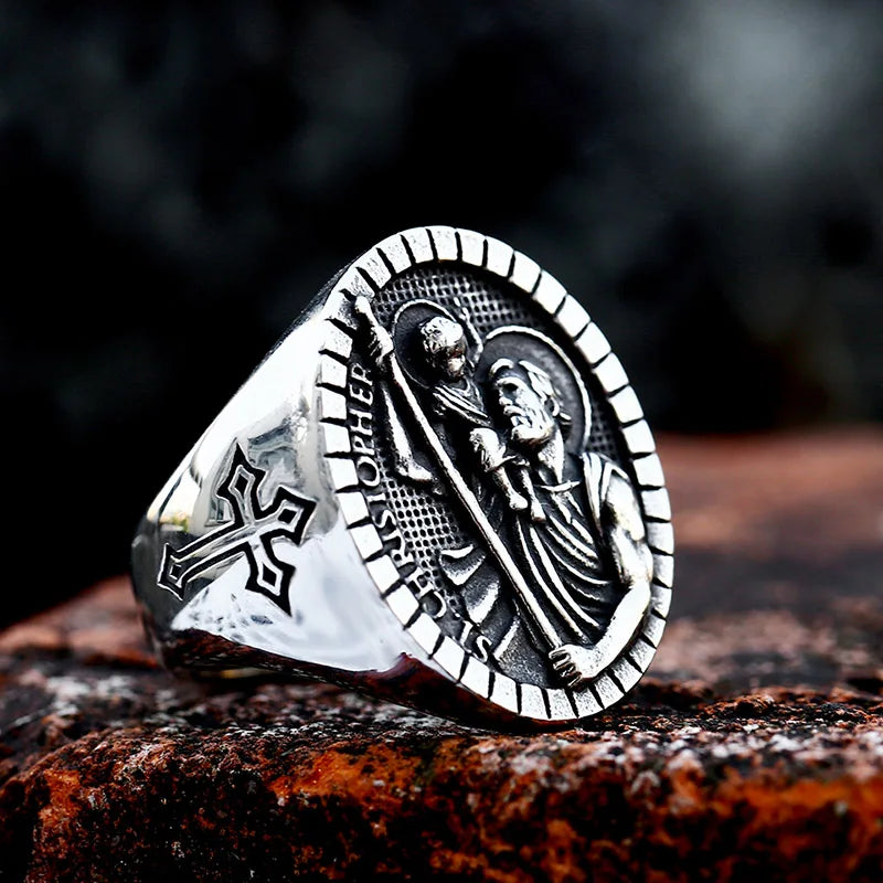 Bague Saint Christophe et Saint Michel en acier inoxydable – bijou religieux pour homme