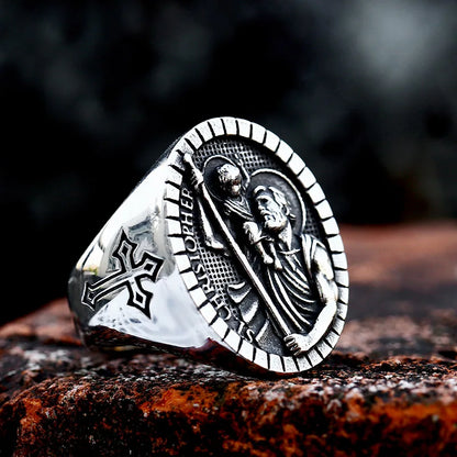 Bague Saint Christophe et Saint Michel en acier inoxydable – bijou religieux pour homme