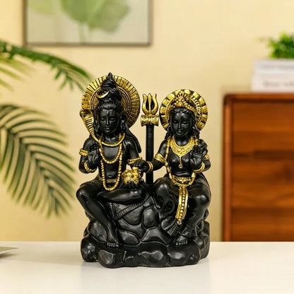 Statue Shiva & Parvati noire et dorée – Décoration hindoue en résine