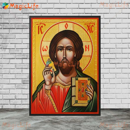 Icône religieuse du Christ Pantocrator – Tableau orthodoxe sur toile sans cadre pour église et décoration murale