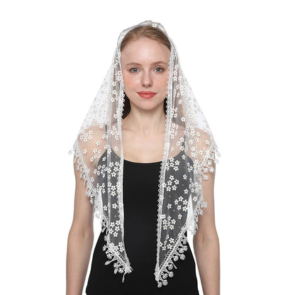 Voile mantille catholique femme en dentelle brodée – châle de prière, église et mariage