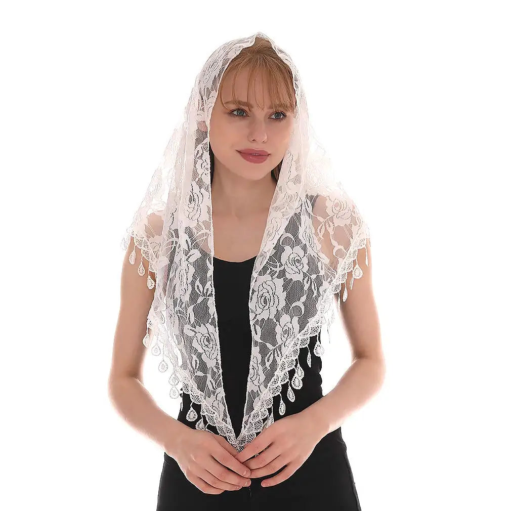 Voile mantille catholique femme en dentelle brodée – châle de prière, église et mariage