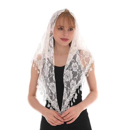 Voile mantille catholique femme en dentelle brodée – châle de prière, église et mariage
