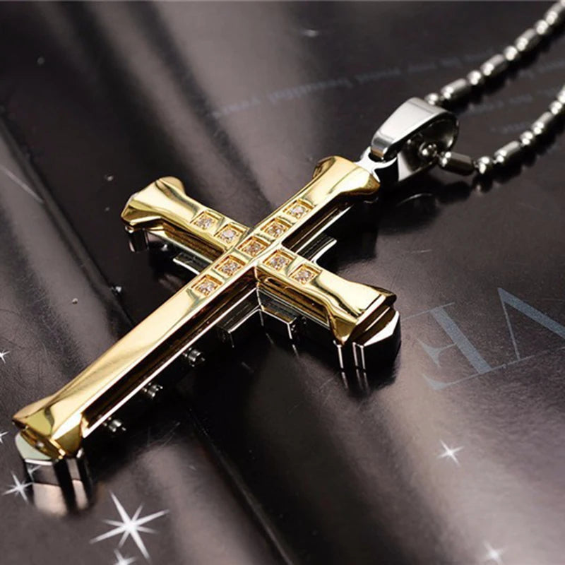 Halskette Kreuz Schwarz Zirkon und Gold aus Edelstahl – Punk-Schmuck für Herren