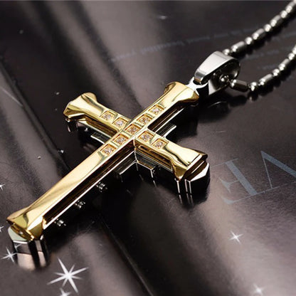 Halskette Kreuz Schwarz Zirkon und Gold aus Edelstahl – Punk-Schmuck für Herren