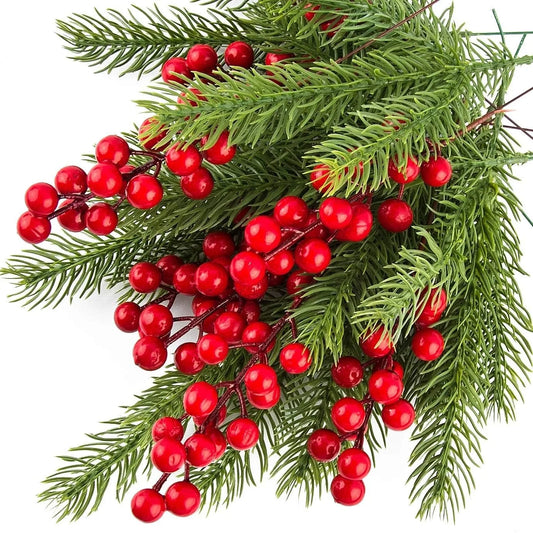 Lot de 10 Branches de Pin Artificielles avec Baies Rouges – Décoration de Noël, Guirlande et Sapin