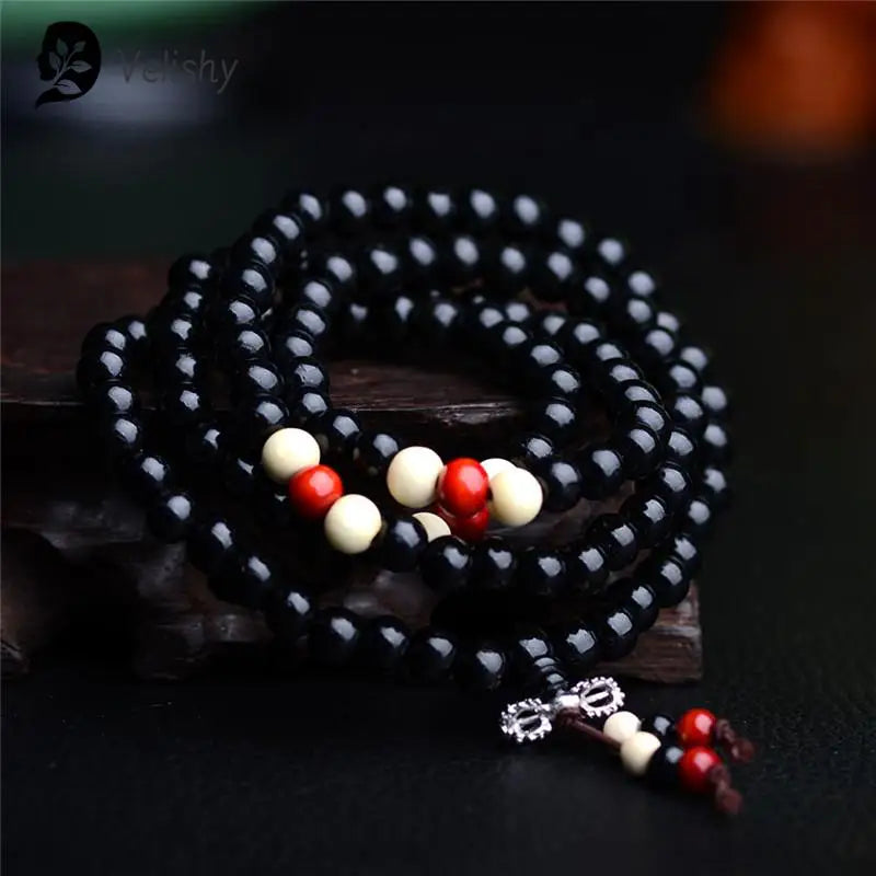 Mala 108 perles en santal naturel – bracelet de prière bouddhiste unisexe