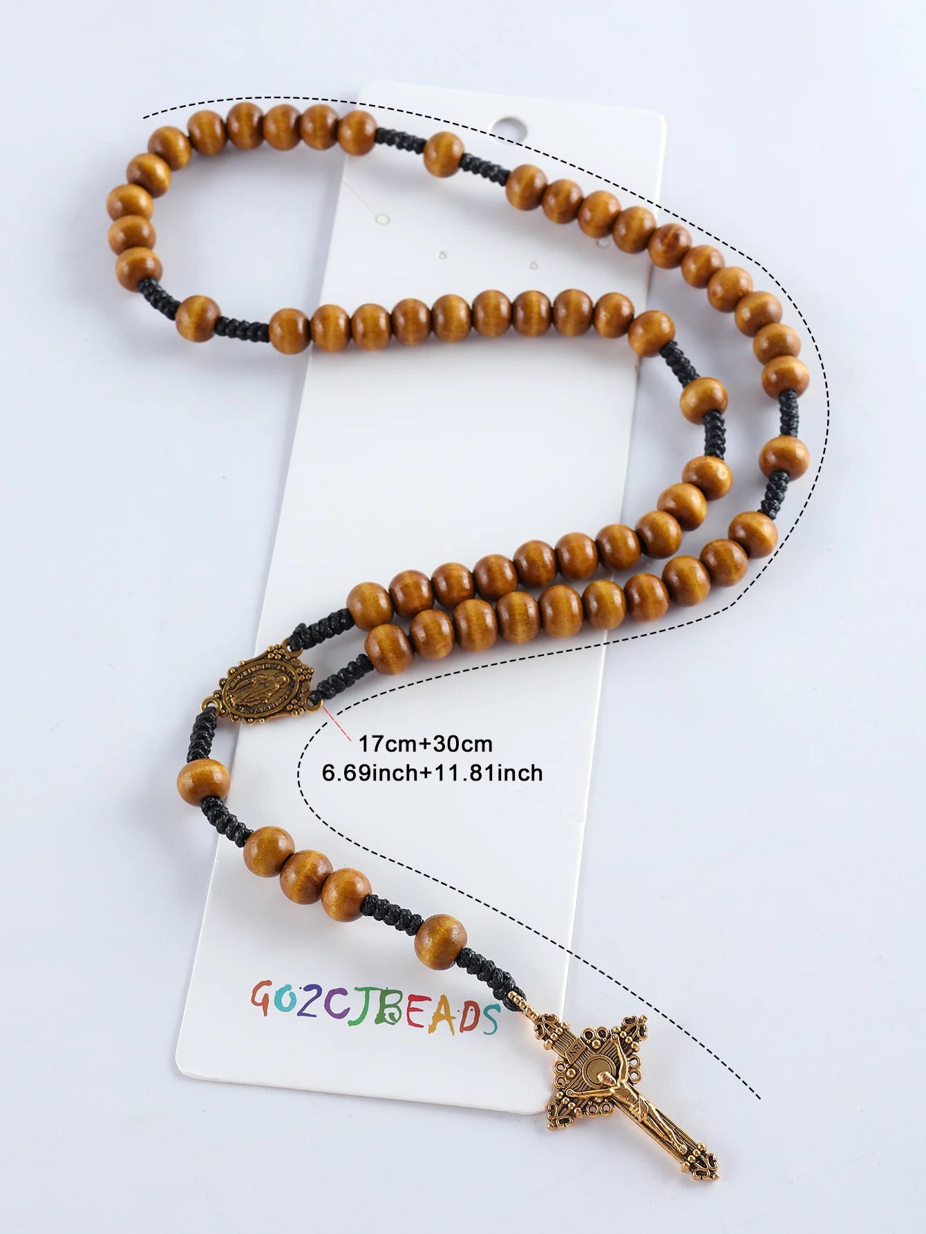 Collier Chapelet Catholique Vintage en Bois – 59 Perles 10 mm avec Croix, Fait Main